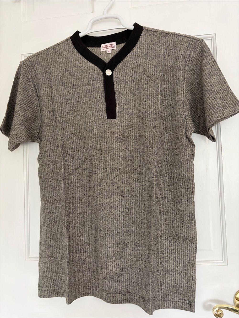 Stefanel Gray Short-Sleeve Henley with Black Trim
